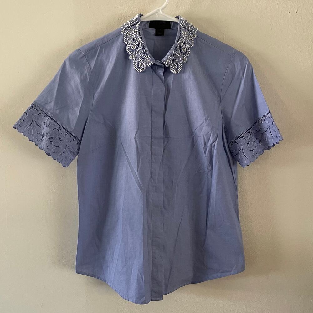 J. Crew Collection Womens 4 Beaded Floral Lace Top Blue White E9311